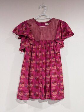 BNWT Fabindia Floral Striped Ruffle Dress Fuchsia Pink Gold Size 8